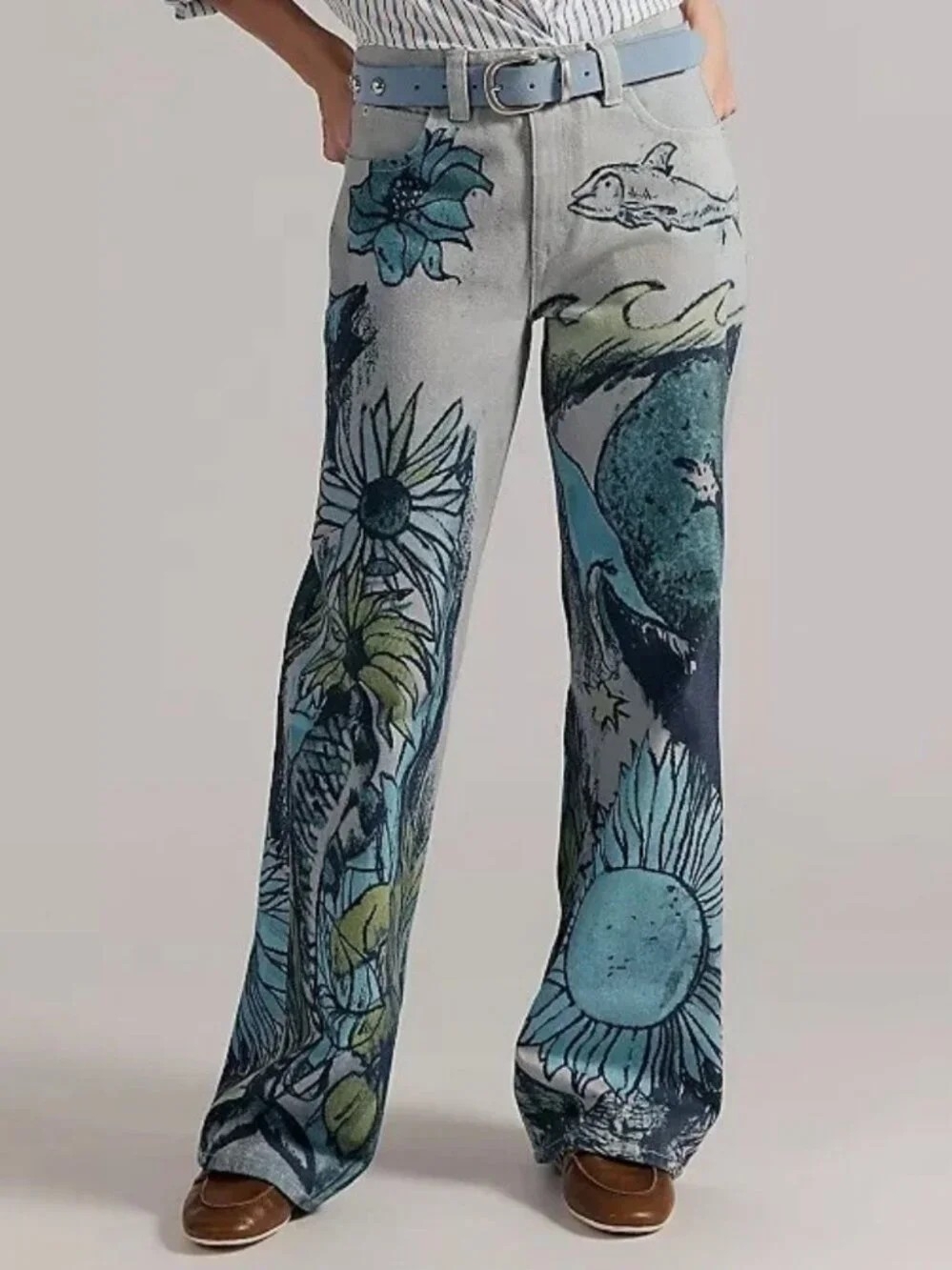 Free People We The Free Tinsley Printed Baggy Jeans Beach Scene NWT 24